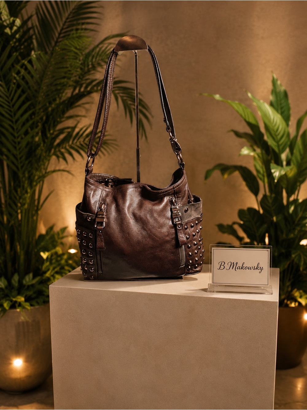 B Makowsky burgundy Studded Leather Shoulder Hobo